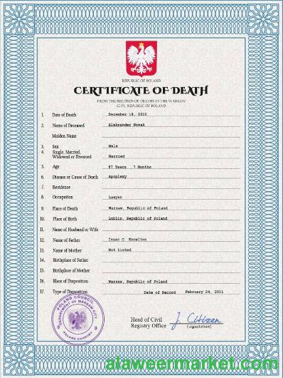 Poland vital record death certificate PSD template